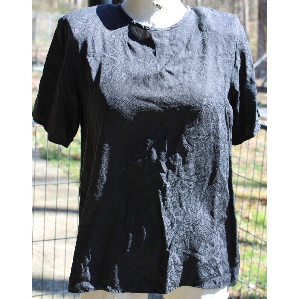 VTG 90s Silk Land Shirt Women Medium Black Paisley Woven Shoulder Pads Hip Lengt